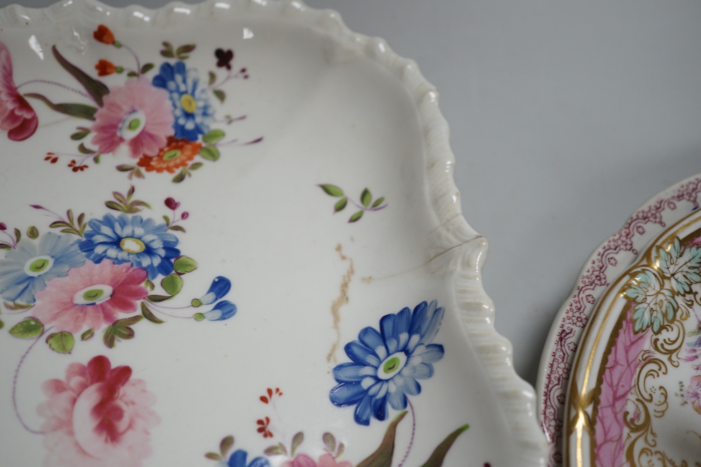 An English porcelain two handled pierced pedestal dish, c.1840 and 19th century English tea and dessert wares, dish 35cms wide